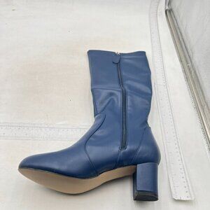 Women Closed Rounded Toe Knee High Boots Wide Calf Chunky High Heels Blue Shoes